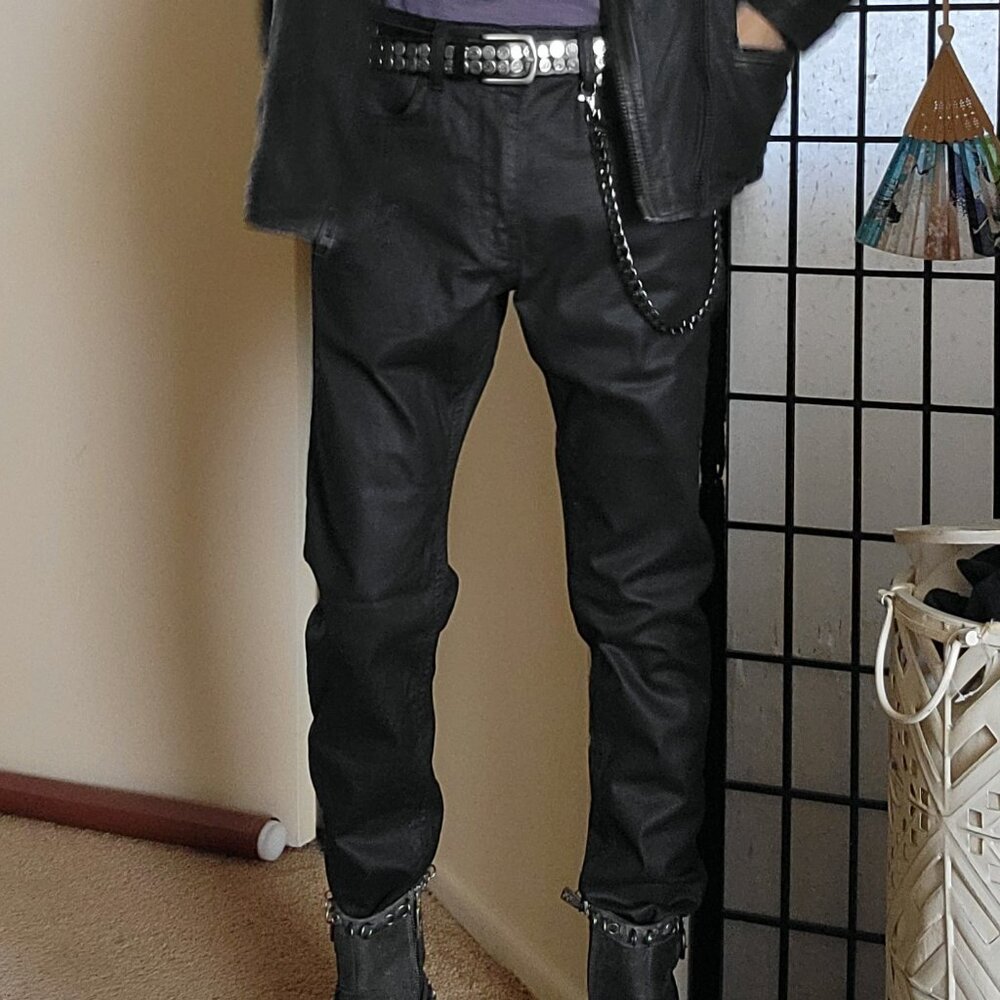 Punk ZARA Black Wax Look Stretch Jeans, Mid Rise, Slim Fit Size 30 Alternative